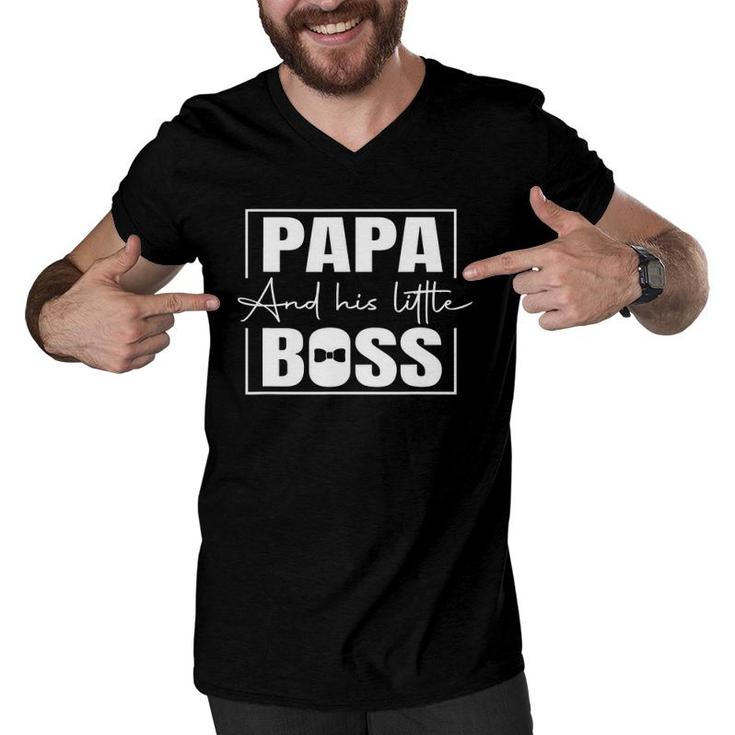Mens Papa And His Little Boss, Dad Quotes Funny Design Dad Men V-Neck Tshirt