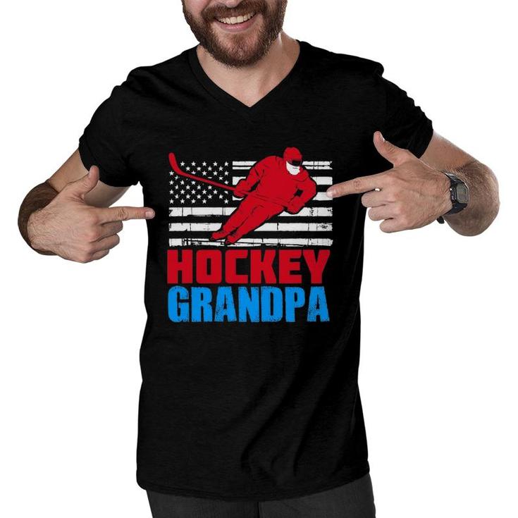 Mens Patriotic American Flag Usa Ice Hockey Grandpa Gift Men V-Neck Tshirt