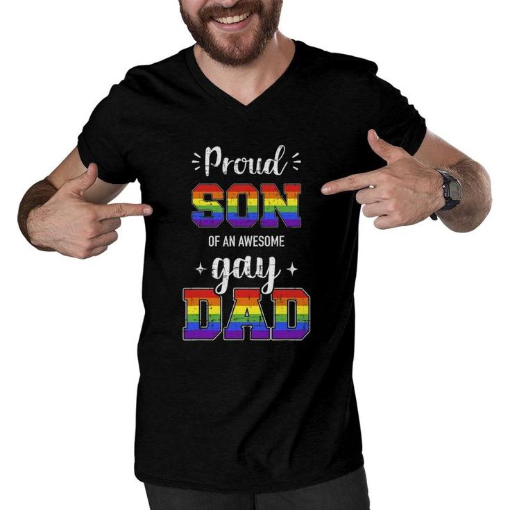 Mens Proud Son Of Awesome Gay Dad Rainbow Pride Month Family Men V-Neck Tshirt