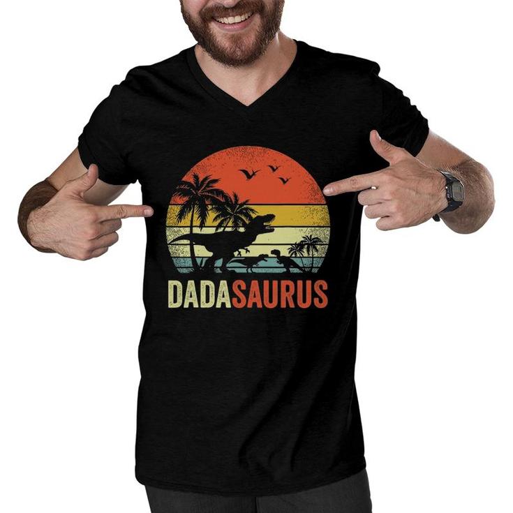 Mens Retro Vintage Dadasaurus 2 Two Kidsrex Daddy Men V-Neck Tshirt