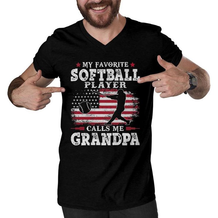 Mens Softball Player Calls Me Grandpa Usa Flag Men V-Neck Tshirt