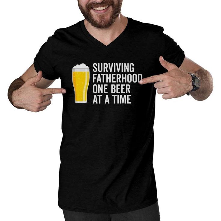 Mens Surviving Fatherhood One Beer At A Time Cool Fathers Day  Men V-Neck Tshirt