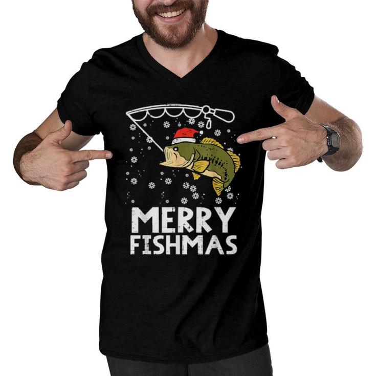 Merry Fishmas Fish Fishing Xmas Pjs Christmas Pajama Dad  Men V-Neck Tshirt
