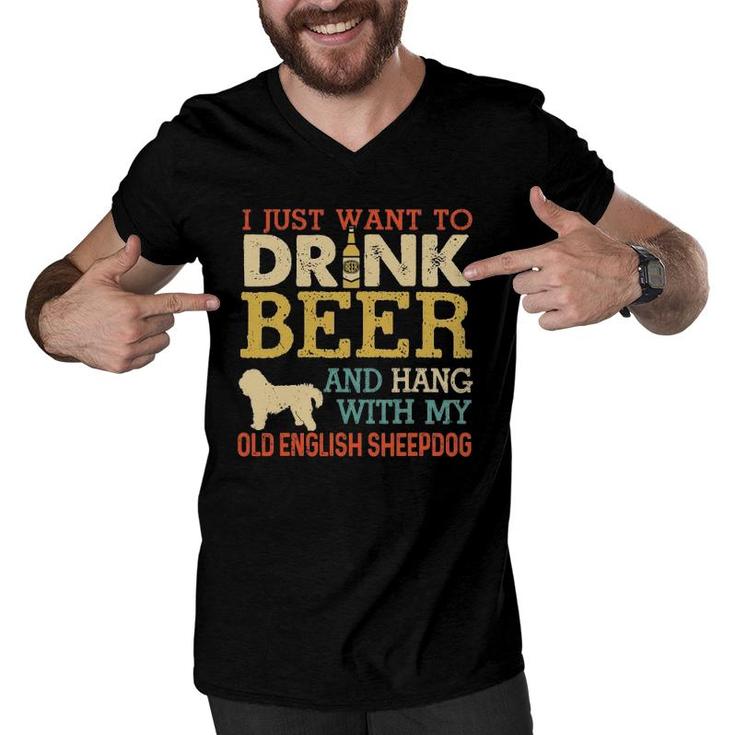 Old English Sheepdog Dad Drink Beer Hang With Dog Funny Men Men V-Neck Tshirt