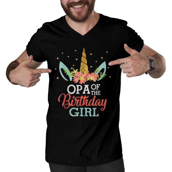 Opa Of The Birthday Girl Father Unicorn Birthday  Men V-Neck Tshirt