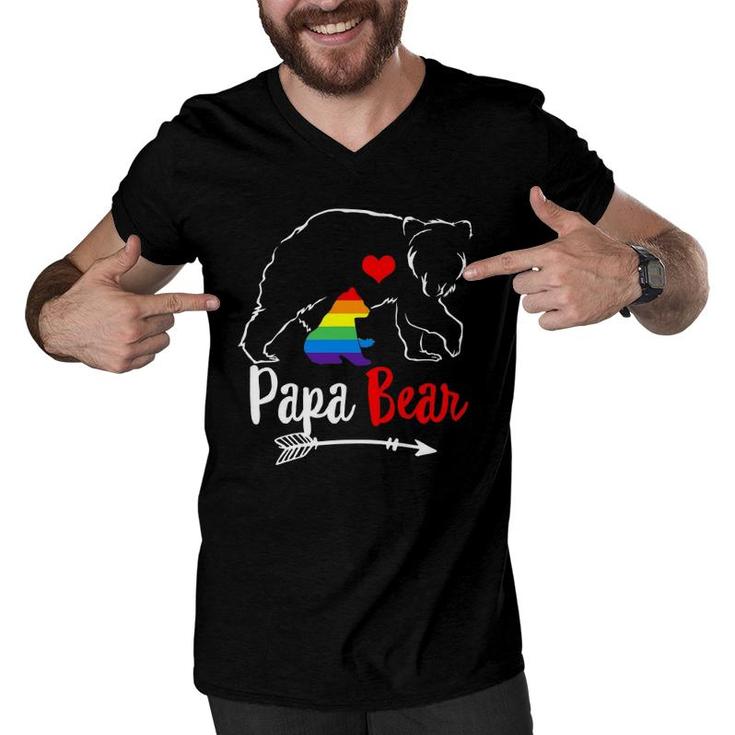 Papa Bear Proud Dad Daddy Ally Lgbtq Rainbow Flag Human Men V-Neck Tshirt