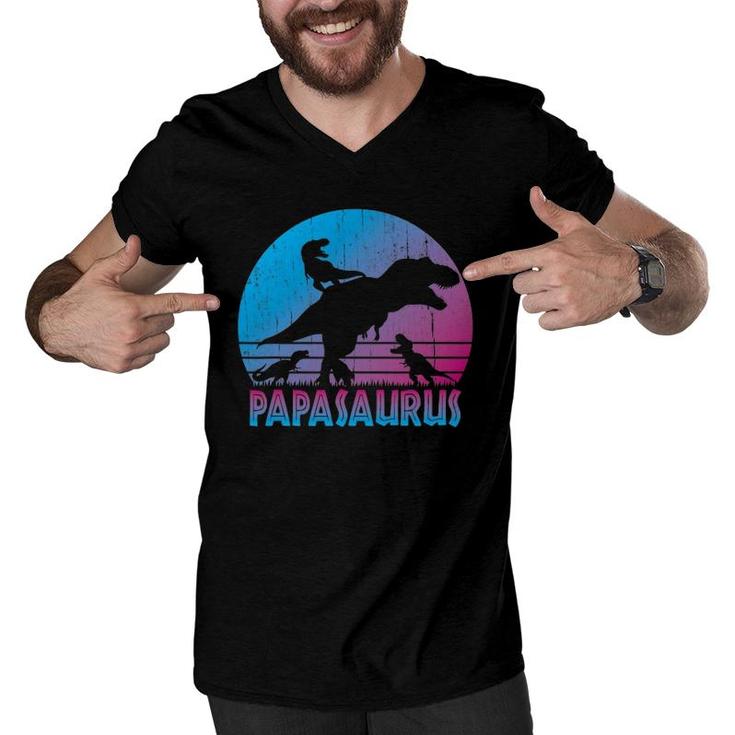 Papasaurus 3 Kids Vintage Retro Sunset Funny Gift For Dad Men V-Neck Tshirt