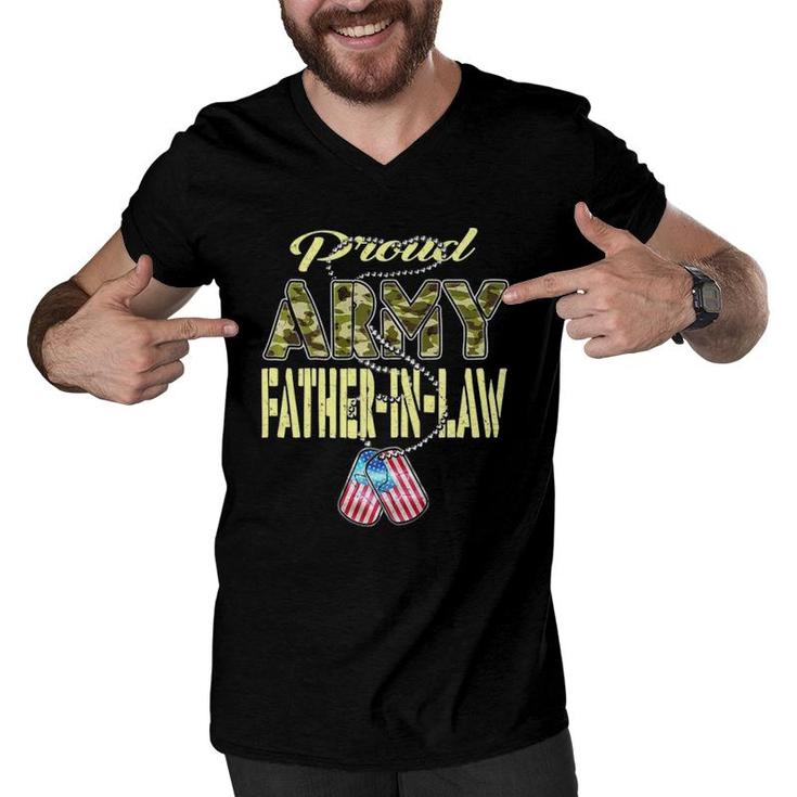 Proud Army Father-In-Law Us Flag Dog Tag Military Dad-In-Law Men V-Neck Tshirt