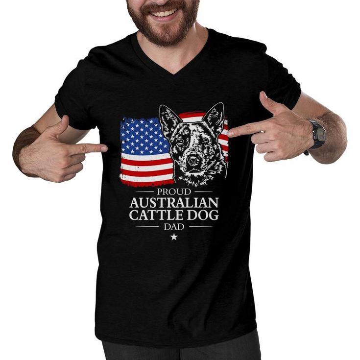 Proud Australian Cattle Dog Dad American Flag Patriotic Dog  Men V-Neck Tshirt