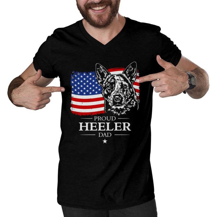 Proud Cattle Dog Heeler Dad American Flag Patriotic Dog Gift  Men V-Neck Tshirt