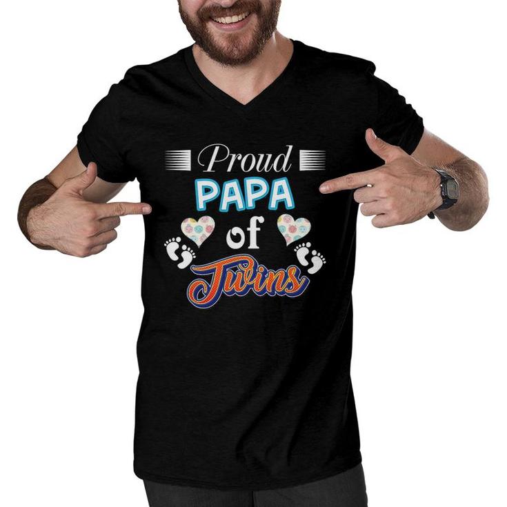 Proud Papa Of Twins Father Day Heart Footprint Dad Daddy Men V-Neck Tshirt