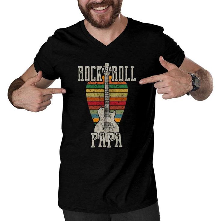 Retro Vintage Rock And Roll Papa Guitar Fathers Day Men V-Neck Tshirt