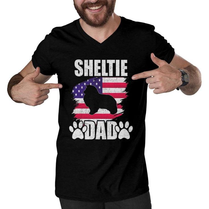 Sheltie Dad Dog Lover American Us Flag Men V-Neck Tshirt