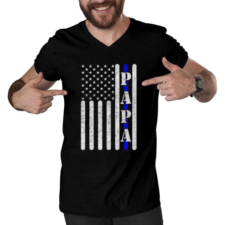 Thin Blue Line Papa Vintage Police American Flag Father's Day Men V-Neck Tshirt