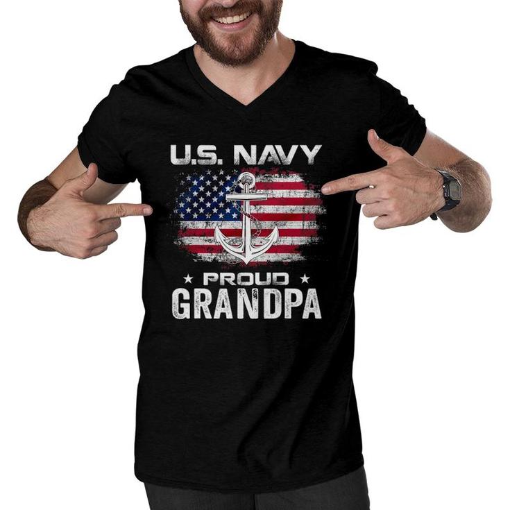 US Navy Proud Grandpa With American Flag Gift Veteran Men V-Neck Tshirt