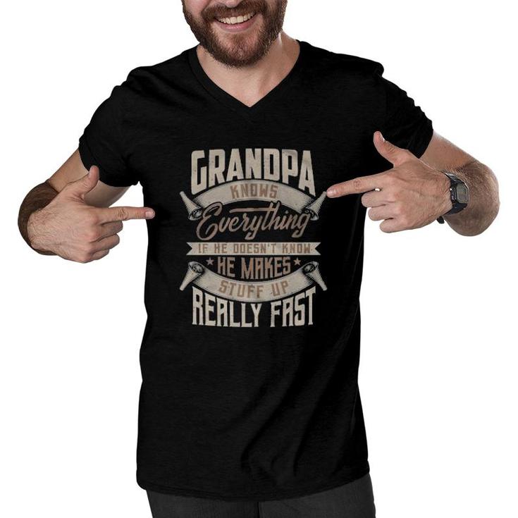Vintage Grandpa Knows Everything If He Doesn't Know He Makes Stuff Up Really Fast  Men V-Neck Tshirt