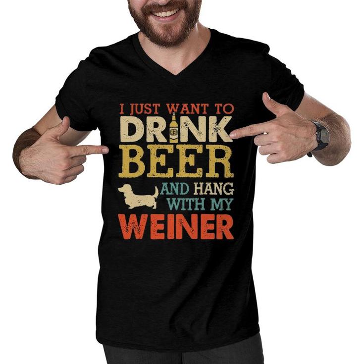 Weiner Dachshund Dad Drink Beer Hang With Dog Funny Vintage Men V-Neck Tshirt