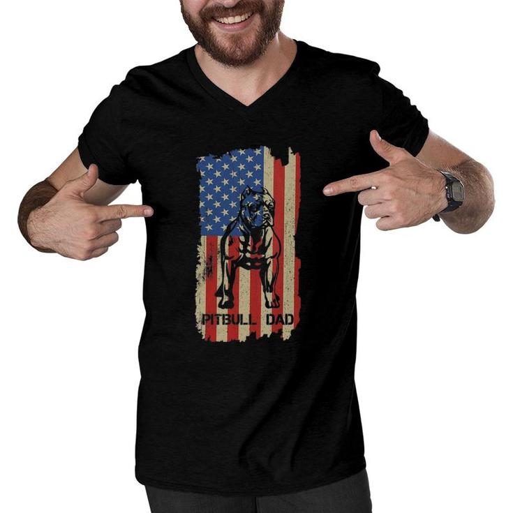 Womens American Flag Pitbull Dad Cool Dog Daddy Patriot 4Th July V-Neck Men V-Neck Tshirt