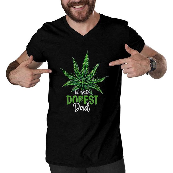 Worlds Green Dopest Dad Cannabis Leaf Weed Marijuana Fathers Day Men V-Neck Tshirt