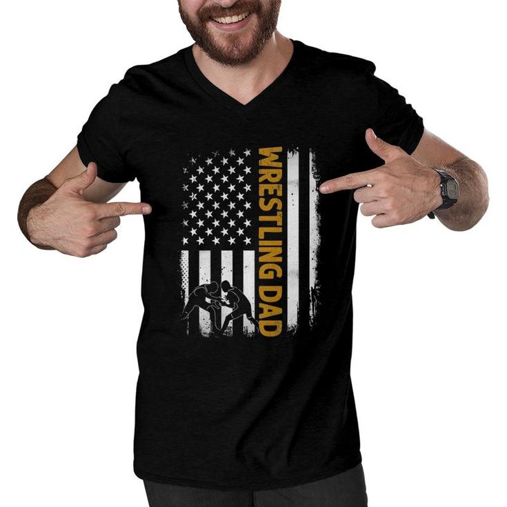 Wrestling Dadamerican Flag Fathers Day Men V-Neck Tshirt