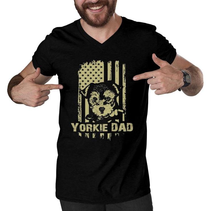 Yorkie Dad Cool Proud American Flag Father's Day Gift Men V-Neck Tshirt