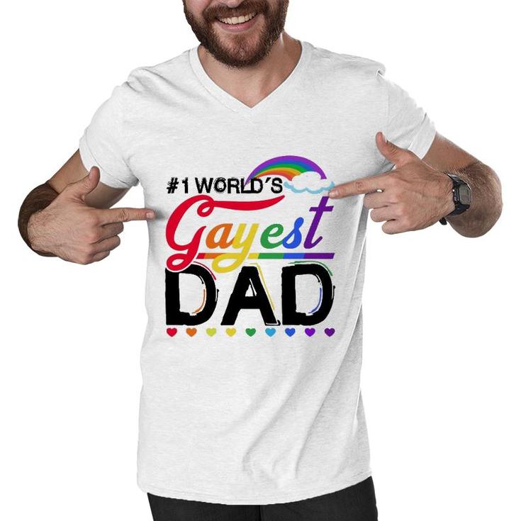 1 World's Gayest Dad Lgbt Pride Month Rainbow Men V-Neck Tshirt