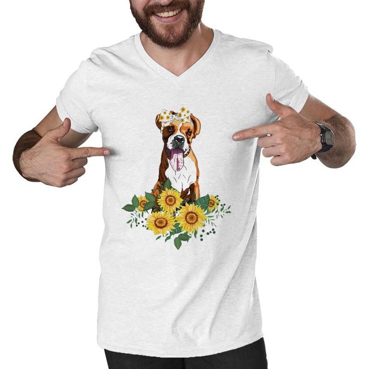Boxer Dog Sunflower Funny Boxer Lover Gifts Dog Mom Dad Men V-Neck Tshirt