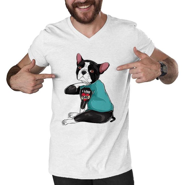 Father's Day Gift Dog Dad Boston Terrier I Love Dad Tattoo Men V-Neck Tshirt
