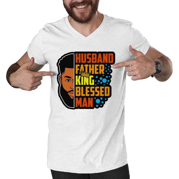Husband Father King Blessed Man Black Melanin Men Husband Men V-Neck Tshirt
