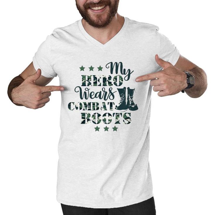 Kids My Daddy Hero Wears Combat Boots Military Dad Army Gift Men V-Neck Tshirt