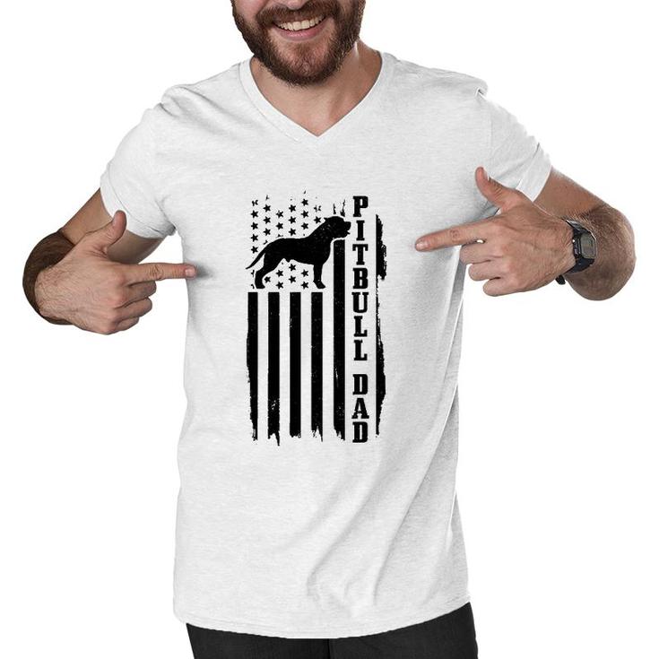 Mens Pitbull Dad Vintage American Flag Patriotic Pitbull Dog Men V-Neck Tshirt