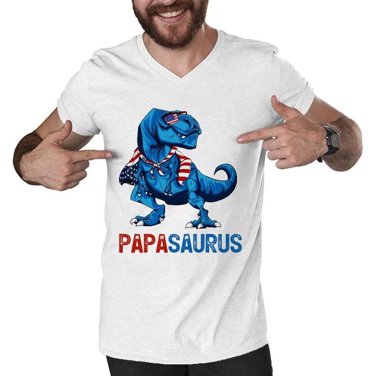Papasaurusrex Dinosaur Papa Saurus 4Th Of July Men Daddy Men V-Neck Tshirt