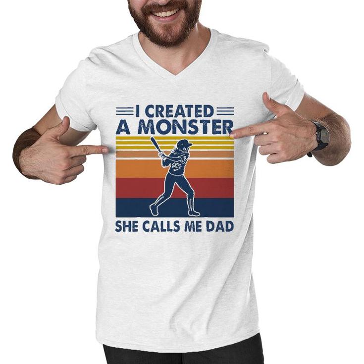 Proud Softball Dad I Created A Monster She Calls Me Dad Men V-Neck Tshirt