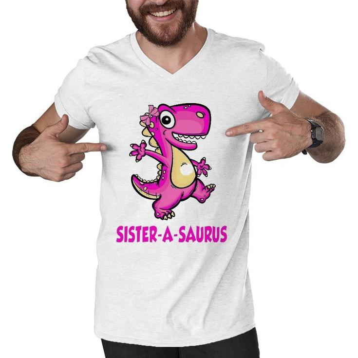 Sister-A-Saurus Family Saurus Dinosaur Matching Bday Fathers Men V-Neck Tshirt