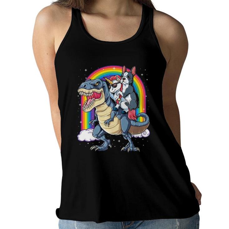 Boston Terrier Unicorn Riding Dinosaur T Rex Girls Rainbow  Women Flowy Tank