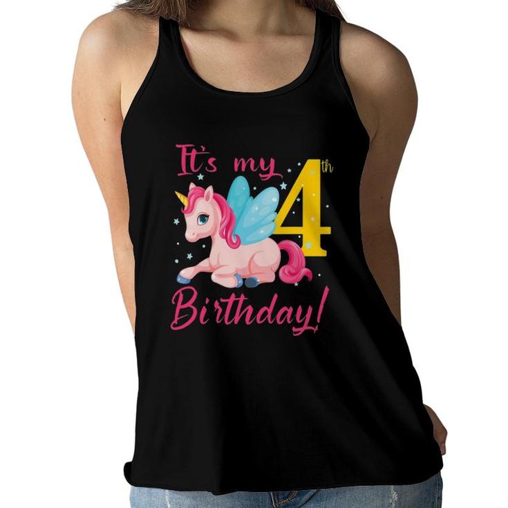 Cute Unicorn It's My 4Th Birthday For Kids Girls Women Flowy Tank