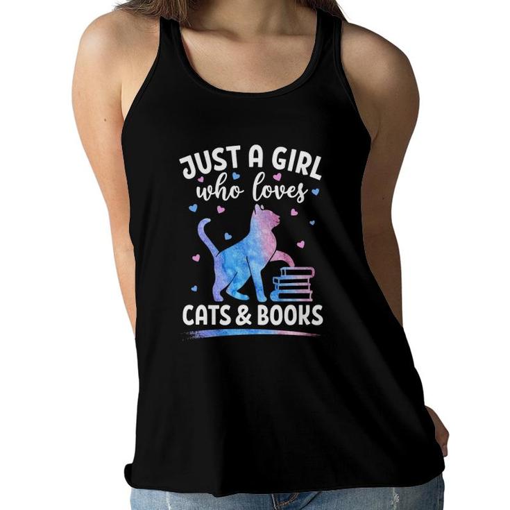 Just A Girl Who Loves Cats & Books Watercolor Cat Book Lover Women Flowy Tank