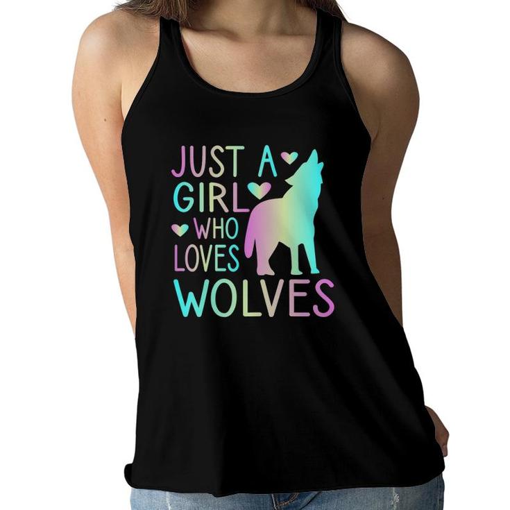 Just A Girl Who Loves Wolves Watercolor Style Teen Girl Women Flowy Tank