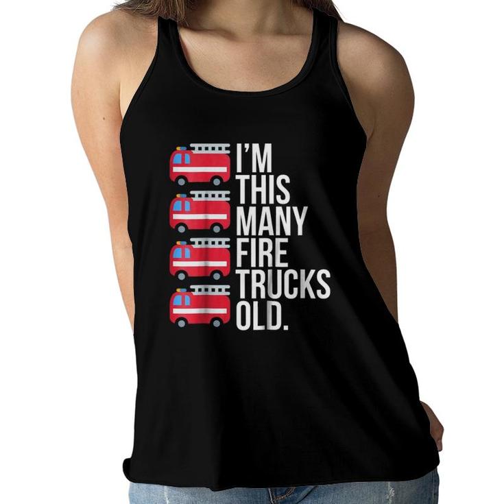Kids I'm This Many Fire Trucks Old Four Years Old Birthday Women Flowy Tank