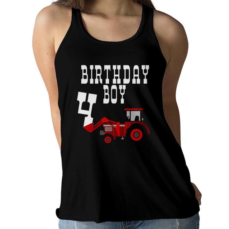 Kids Red Farm Tractor Birthday Boy 4 Years Old Party Four Women Flowy Tank