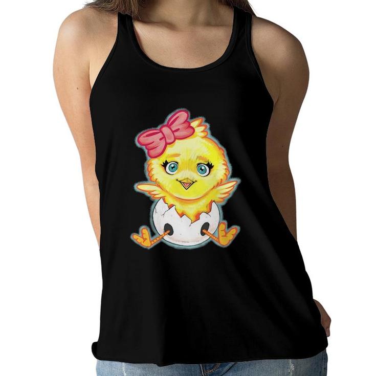Kids Yellow Baby Chick With Pink Bow Girls Women Flowy Tank