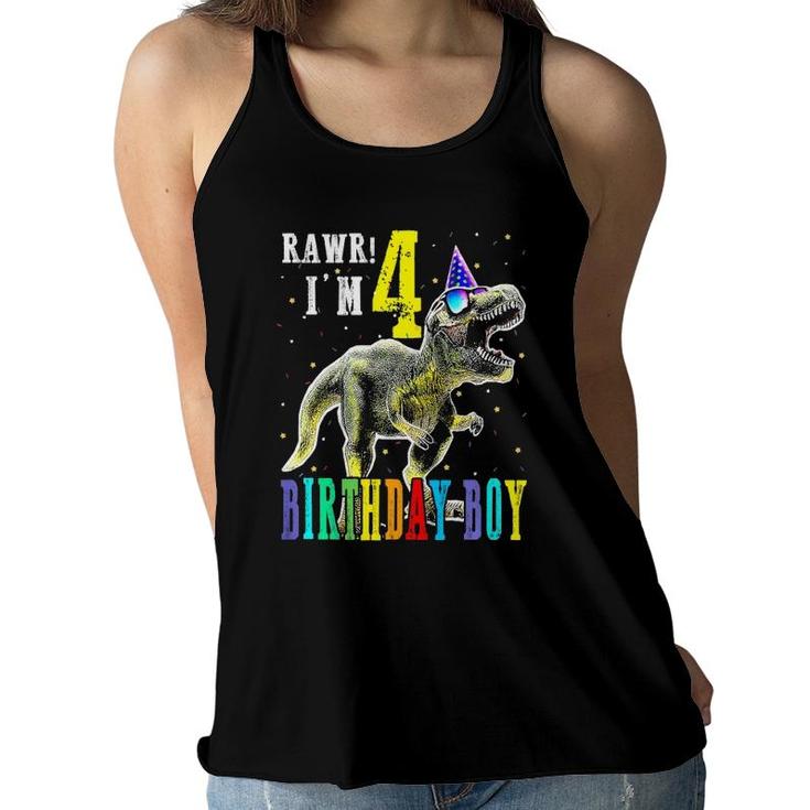 Rawr I'm 4Th Birthday Boy Dinosaur Party For 4 Year Old Boy  Women Flowy Tank