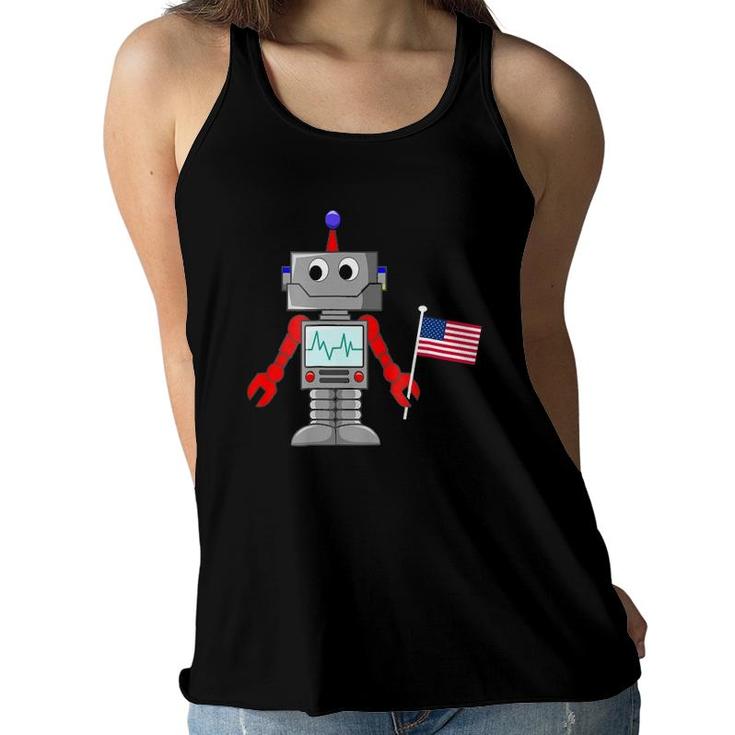 Robot With American Flag Boys 4-12 For 4Th Of July Women Flowy Tank