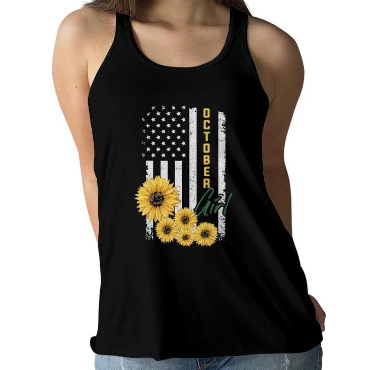 Sunflower American Flag October Girl Women Flowy Tank