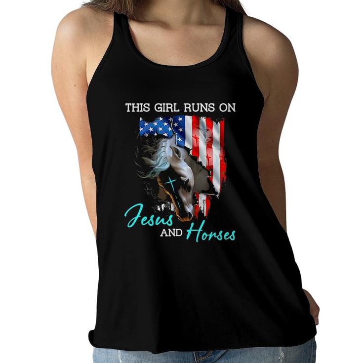 This Girl Runs On Jesus And Horses American Flag Women Flowy Tank