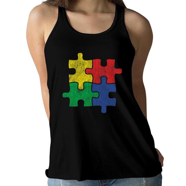 Vintage Autism Colorful Puzzle, Kids Autism Awareness Gift Women Flowy Tank
