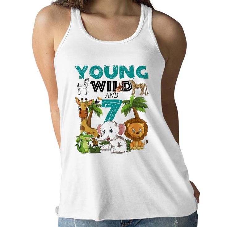 Kids Young Wild And 7 - 7Th Birthday Safari Zoo Animal Jungle Women Flowy Tank