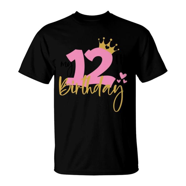 12Th My Birthday Pink And Yellow Heart Pink T-Shirt