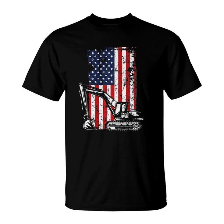4Th Of July American Flag Construction Backhoe Excavator  T-Shirt