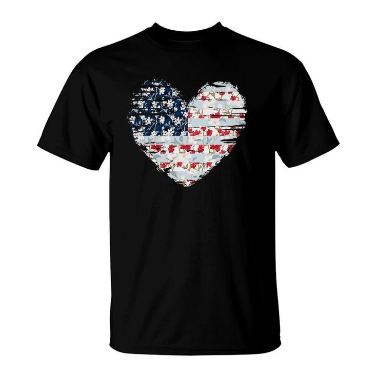 4Th Of July  For Women American Flag Floral Heart Gift T-Shirt
